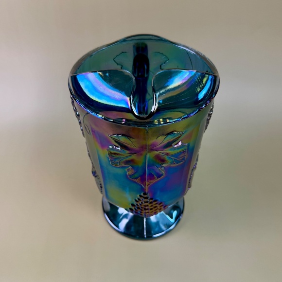 Vintage Indiana Glass Blue Carnival Grape Vine Pitcher | Iridescent Pedestal - Picture 11 of 16